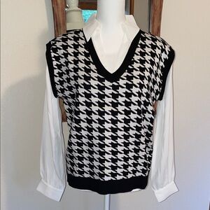 Adrianna Papell Black and White V-Neck Sweater Vest and blouse twofer.